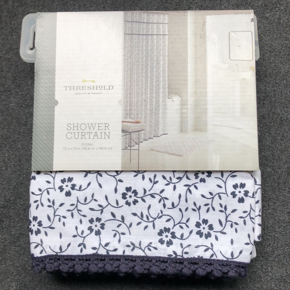 Threshold 100% Cotton Shower Curtain White + Small Navy Flowers Size 72" X 72”